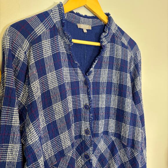 Lagenlook Blue Plaid Frayed Edge Button Top L Habitat Cotton Shirt | Soft Summer - Picture 13 of 13